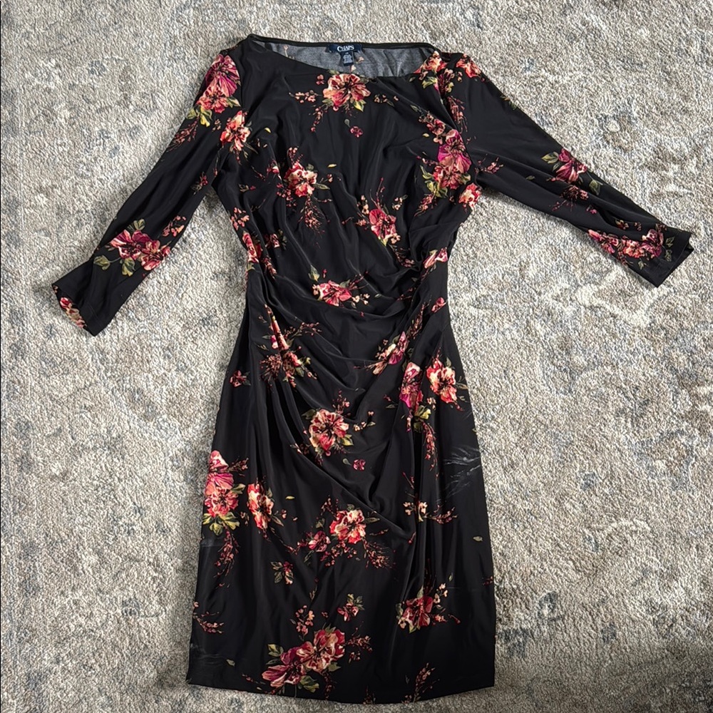 Chaps Black and Pink Sheath Dress with Bishop Sleeves